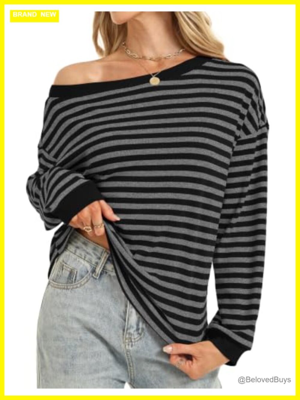 Womens Off Shoulder Striped Long Sleeve Oversized Tee Loose Fit